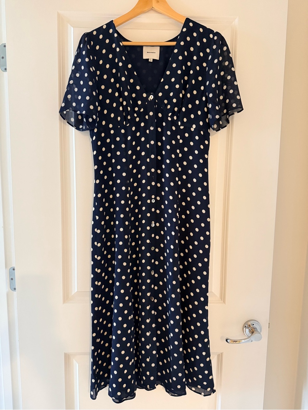 Reformation Navy and White Polka Dot Midi Dress - Picture 2 of 2